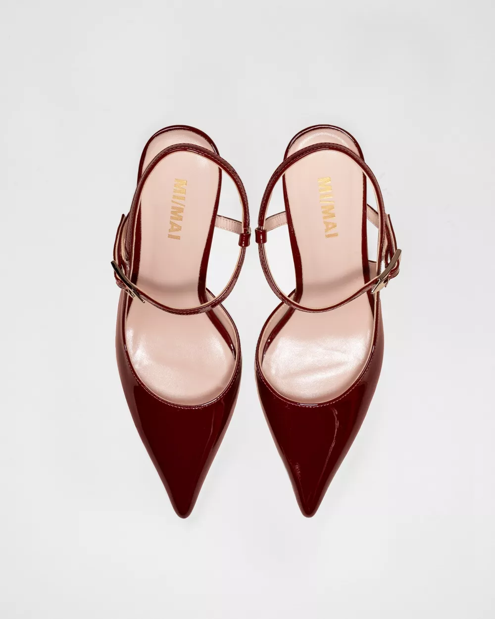 Leather slingback stiletto with pointed toe and strap Emy Burgundy Patent