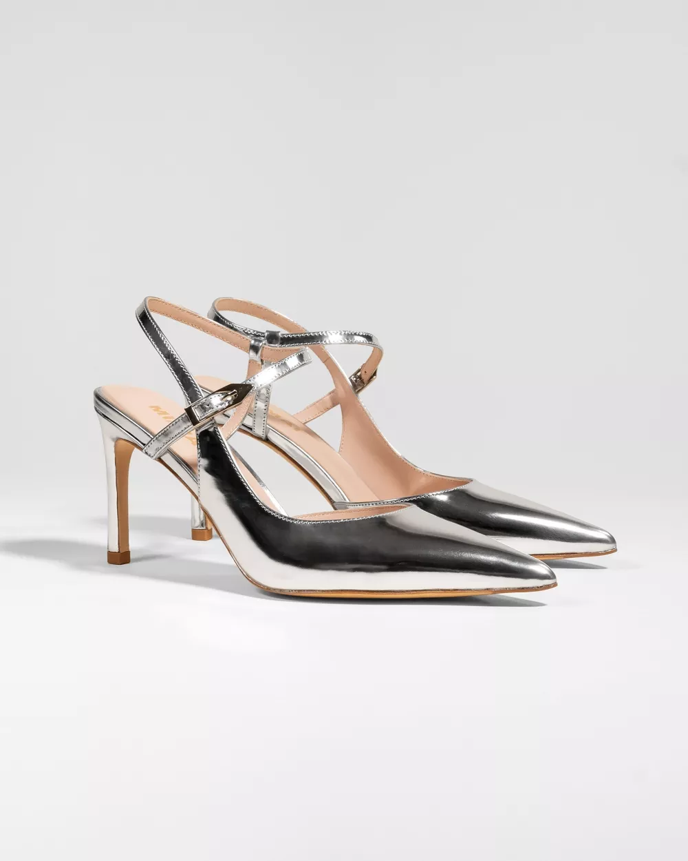 Slingback stiletto with pointed toe and silver leather strap Emy Silver Mirror