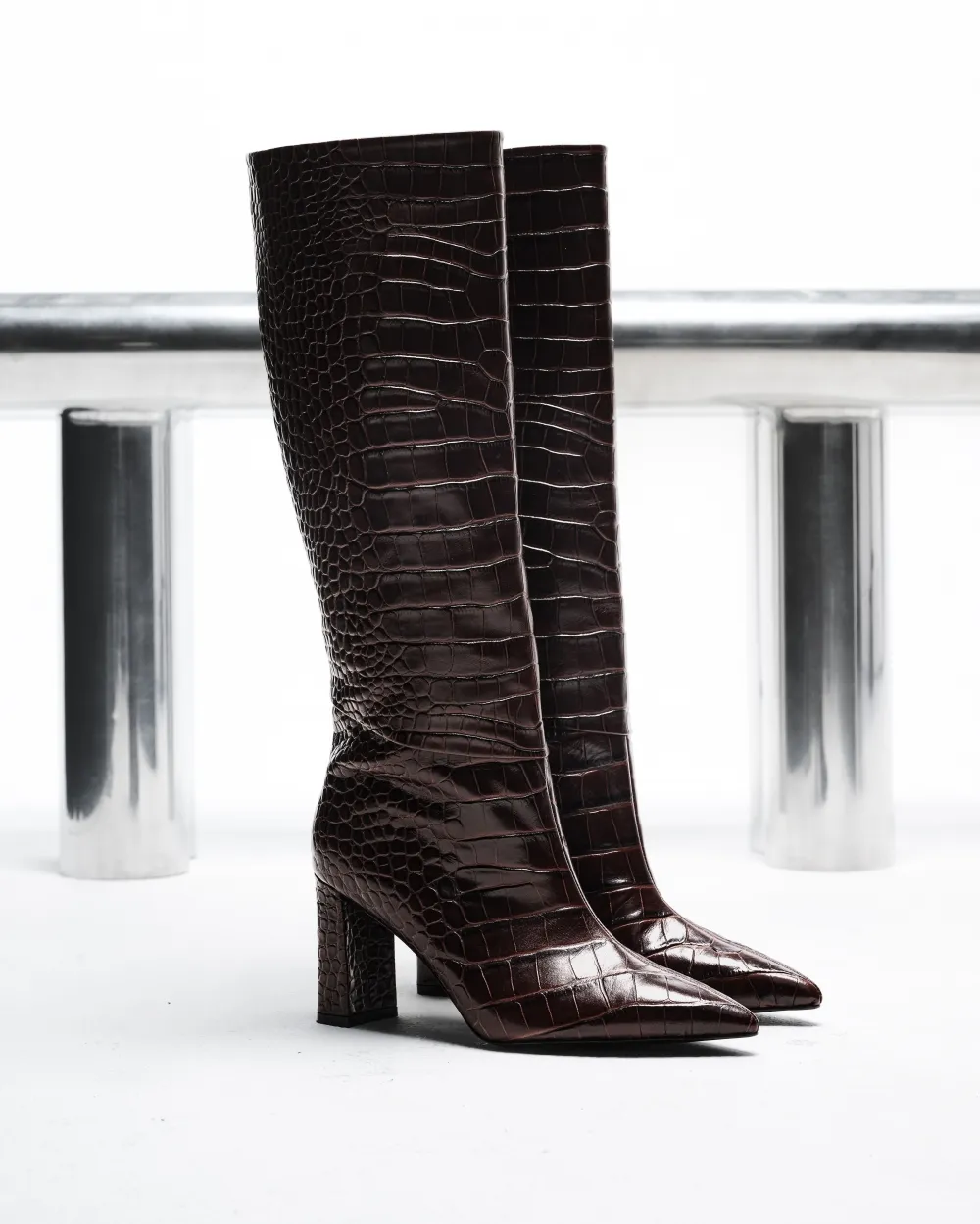 CHOCOLATE CROCODILE-STYLE BOOTS WITH HIGH BLOCK HEELS WASSILY CHOCOLATE CROC