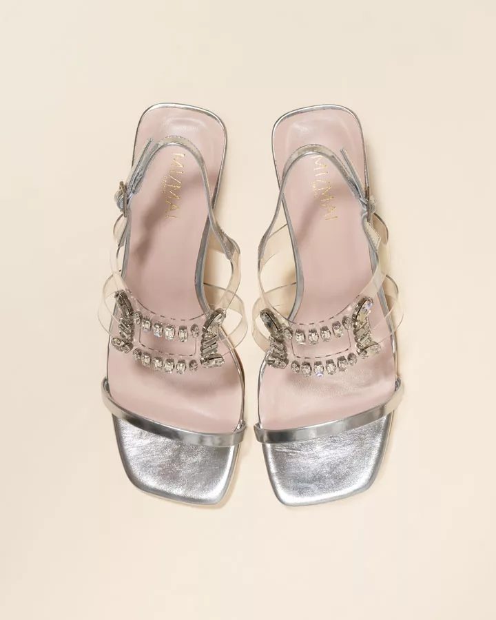 Dixie Silver High-Heeled Sandals with Crystal Ornaments