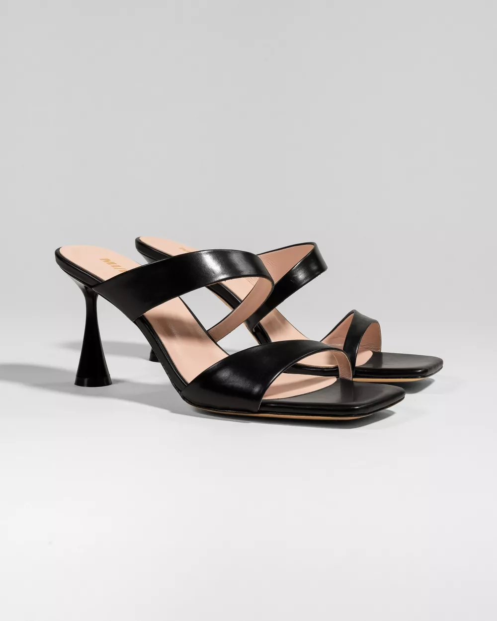Black leather mule sandal with high heel and square toe Tara Black