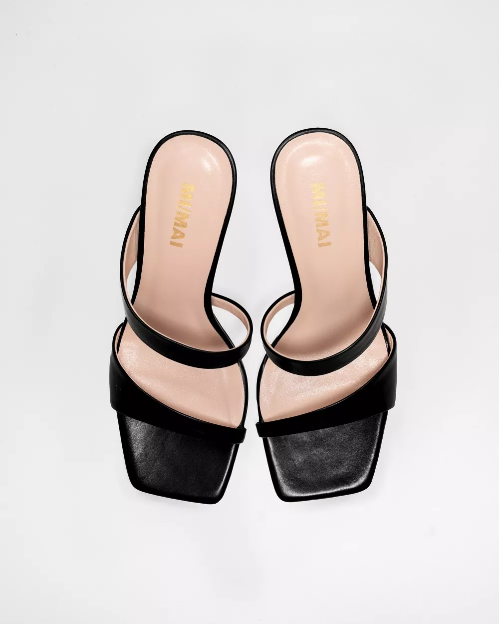 Black leather mule sandal with high heel and square toe Tara Black