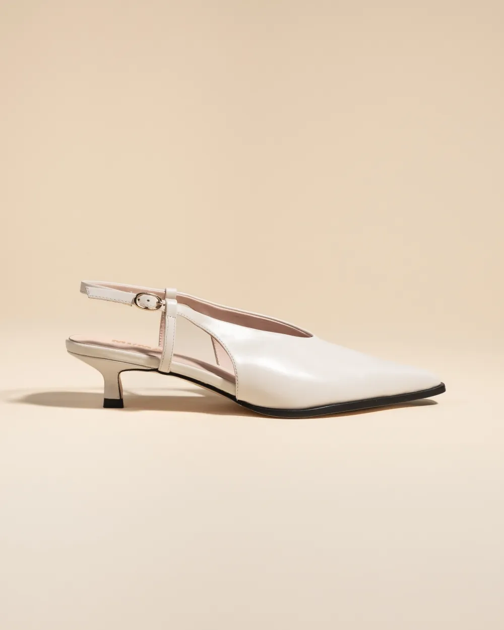 White leather sling back stiletto with small coil heel Marina White