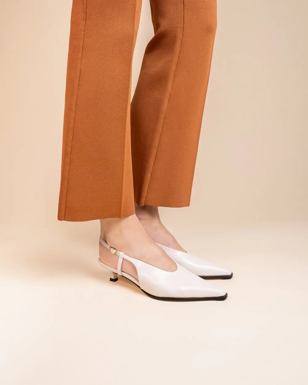 White leather sling back stiletto with small coil heel Marina White