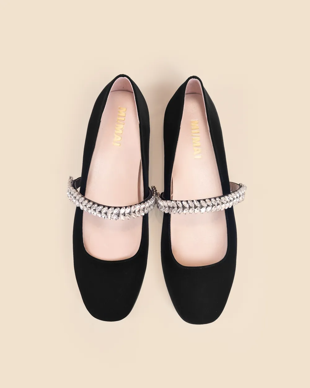 Black leather ballerina flats with rhinestones Patsy Black