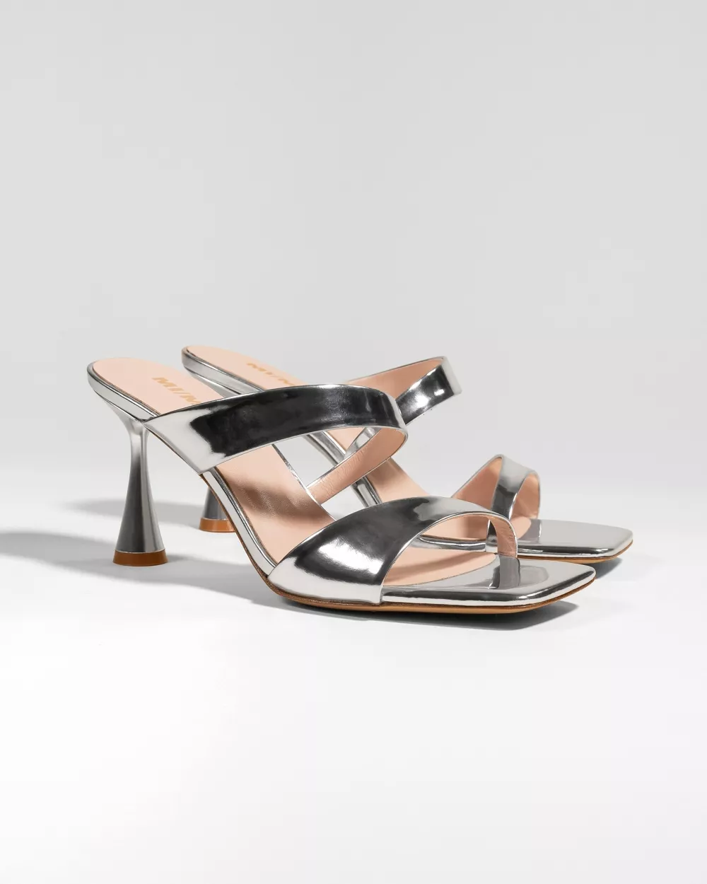 Mule sandal with high heel and square toe in silver-tone leather Tara Silver