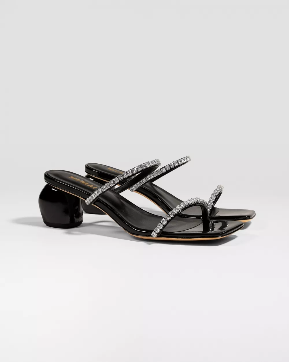 Mule sandal with small heel and rhinestone straps Tilda Low Black Crystals