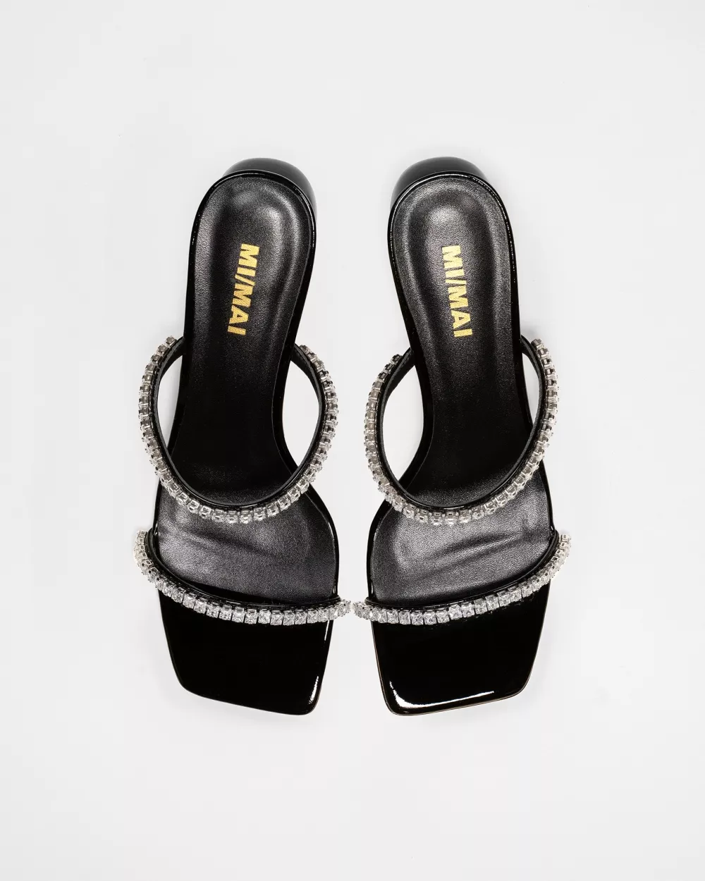 Mule sandal with small heel and rhinestone straps Tilda Low Black Crystals