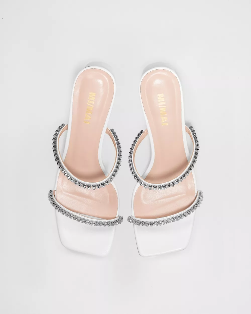 Sandale mule à petit talon et brides blanches en strass Tilda Low White Crystals